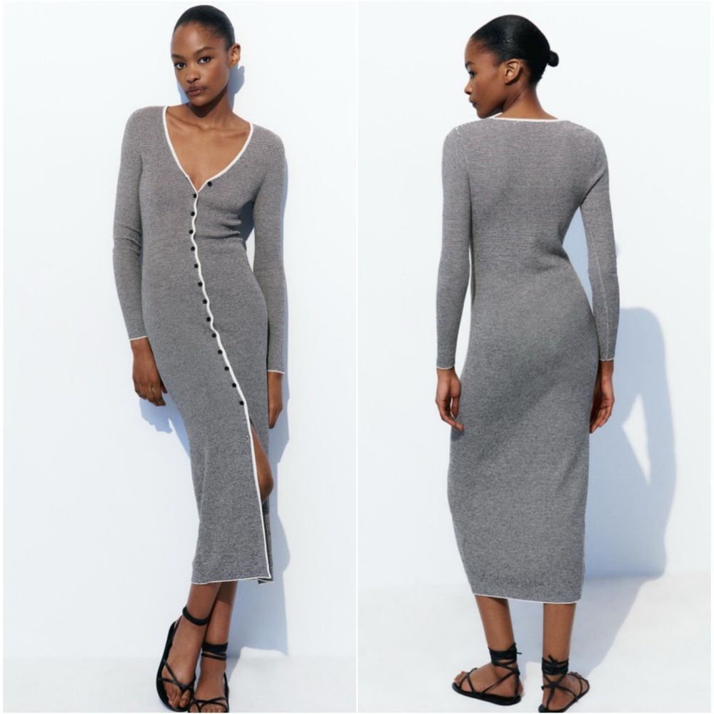 ZARA Grey & White Striped V Neck Knit Midi Dress Front Button Long Sleeve Large